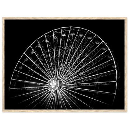 Black and white night photo of the Vienna Prater Giant Ferris Wheel (Wiener Riesenrad) with illuminated spokes forming a circular pattern against the dark sky on wooden framed wall art