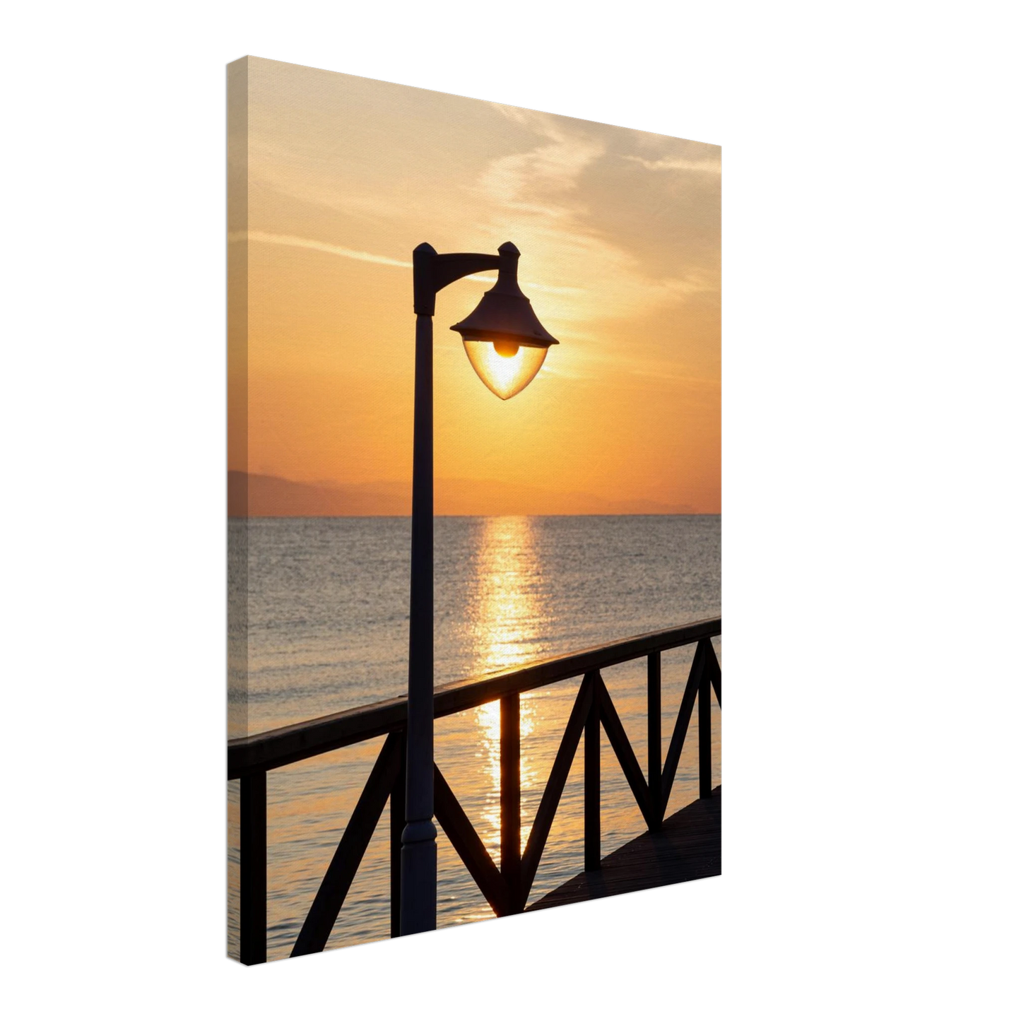 Canvas print wall art of a sunset over the sea with a street lamp on the pier