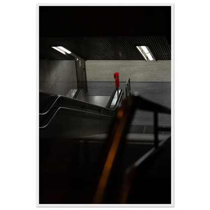 Nighttime view of a metro station entrance with illuminated signs and dark urban surroundings on wooden framed wall art