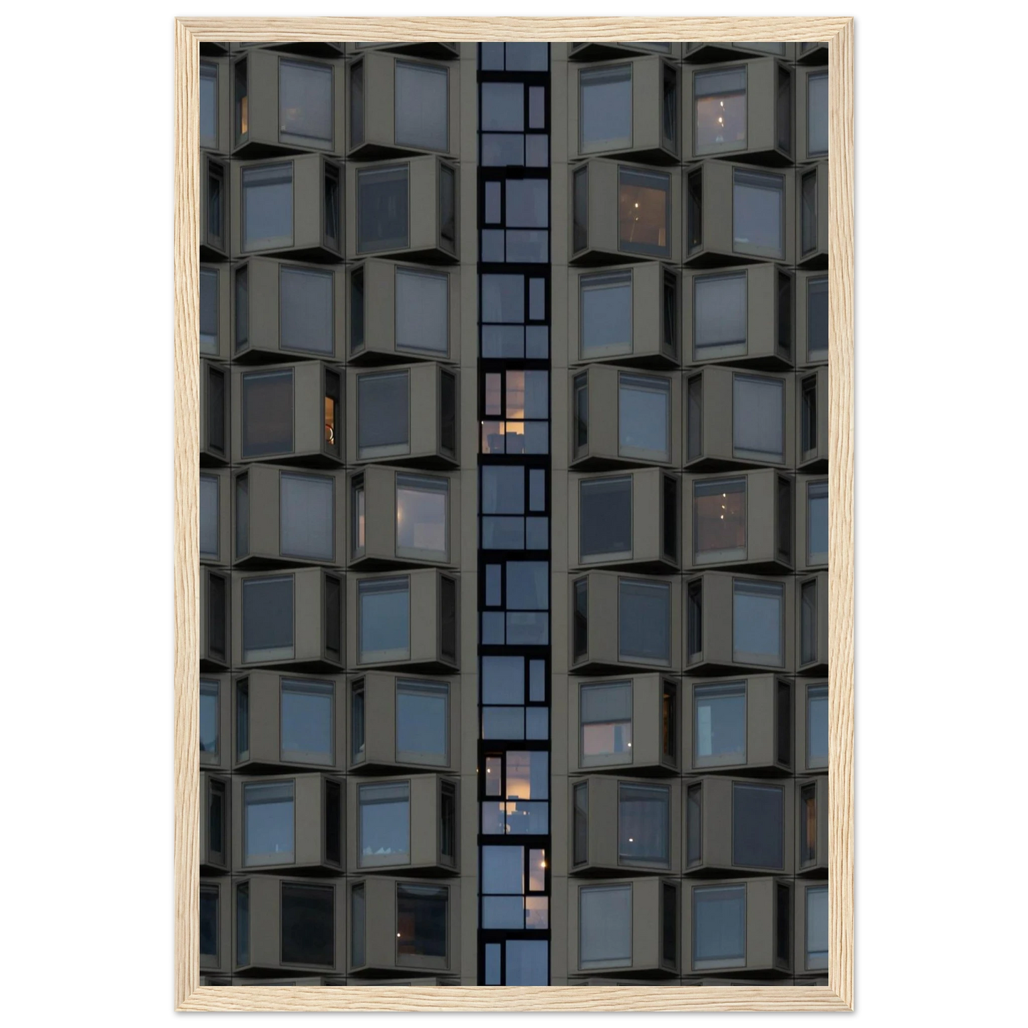 Close up view of a modern building facade with a grid of reflective glass windows on wooden frame wall art