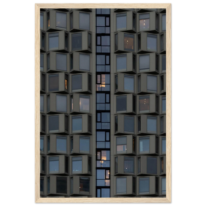 Close up view of a modern building facade with a grid of reflective glass windows on wooden frame wall art