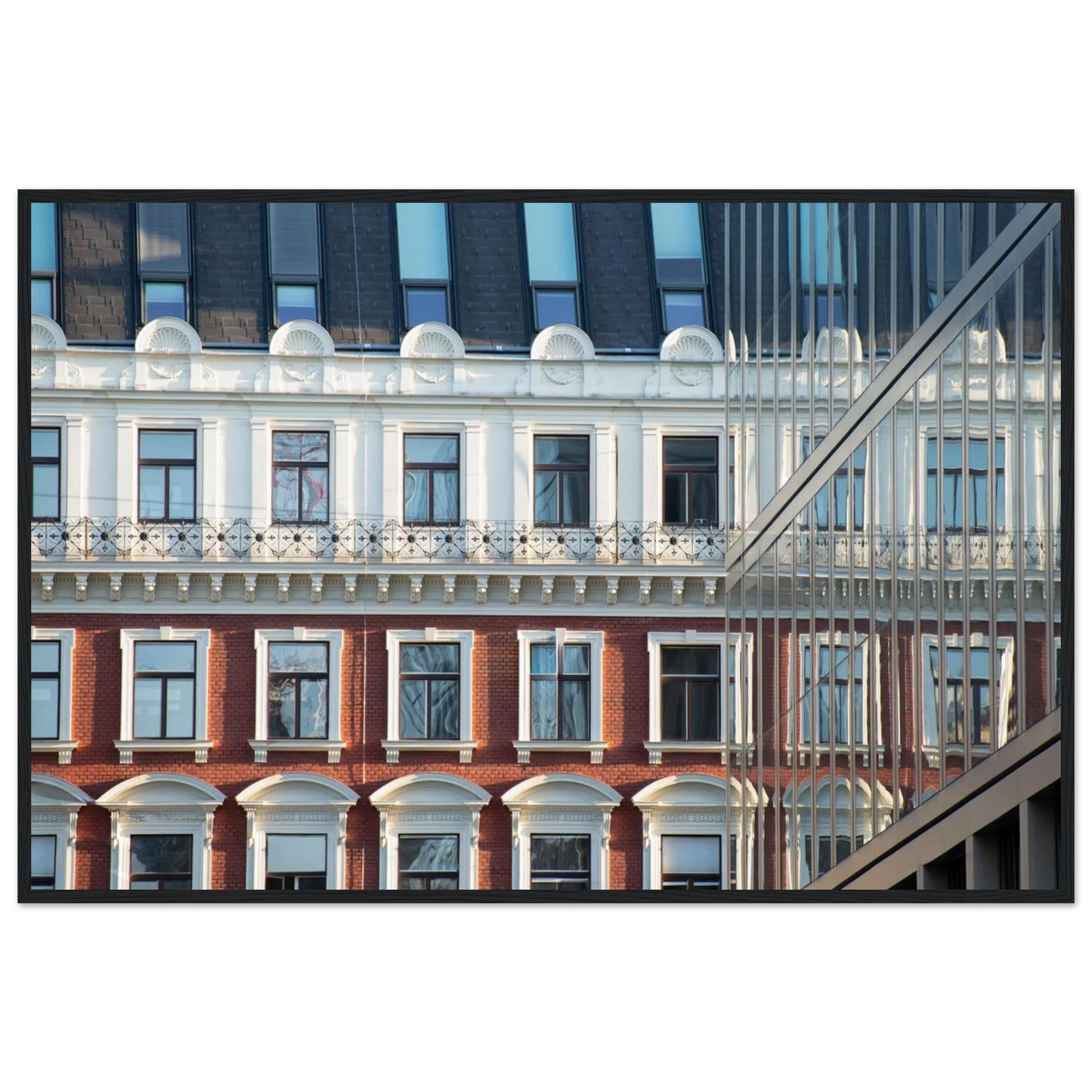 Wooden framed wall art Historic European-style Modern Houseblock building facade with multiple windows and elegant architectural details