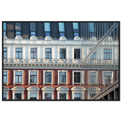 Wooden framed wall art Historic European-style Modern Houseblock building facade with multiple windows and elegant architectural details