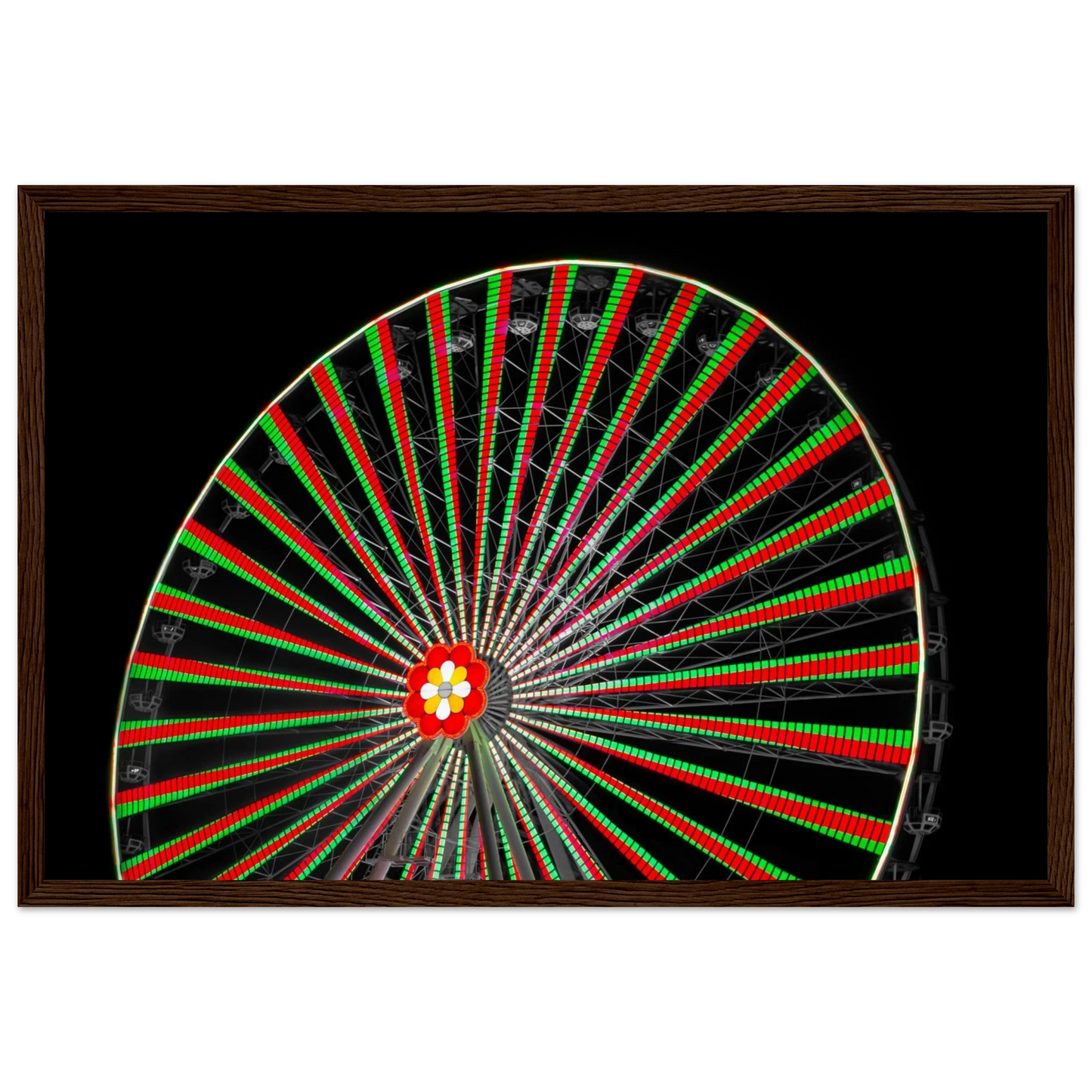 Night photo of the Vienna Prater Giant Ferris Wheel (Wiener Riesenrad) illuminated with warm golden lights against a dark sky on wooden framed wall art