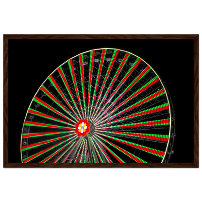 Night photo of the Vienna Prater Giant Ferris Wheel (Wiener Riesenrad) illuminated with warm golden lights against a dark sky on wooden framed wall art