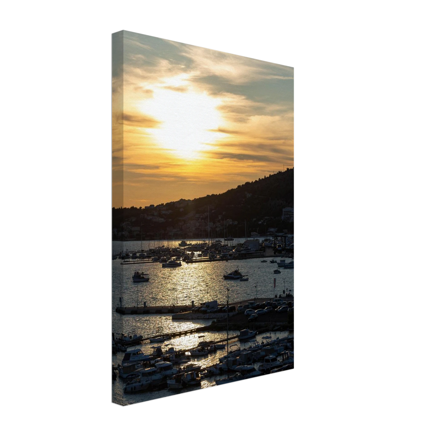 Canvas Print wall art of small boats anchored in a seaside port during Sunset at the harbor