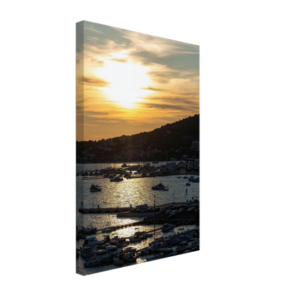 Canvas Print wall art of small boats anchored in a seaside port during Sunset at the harbor