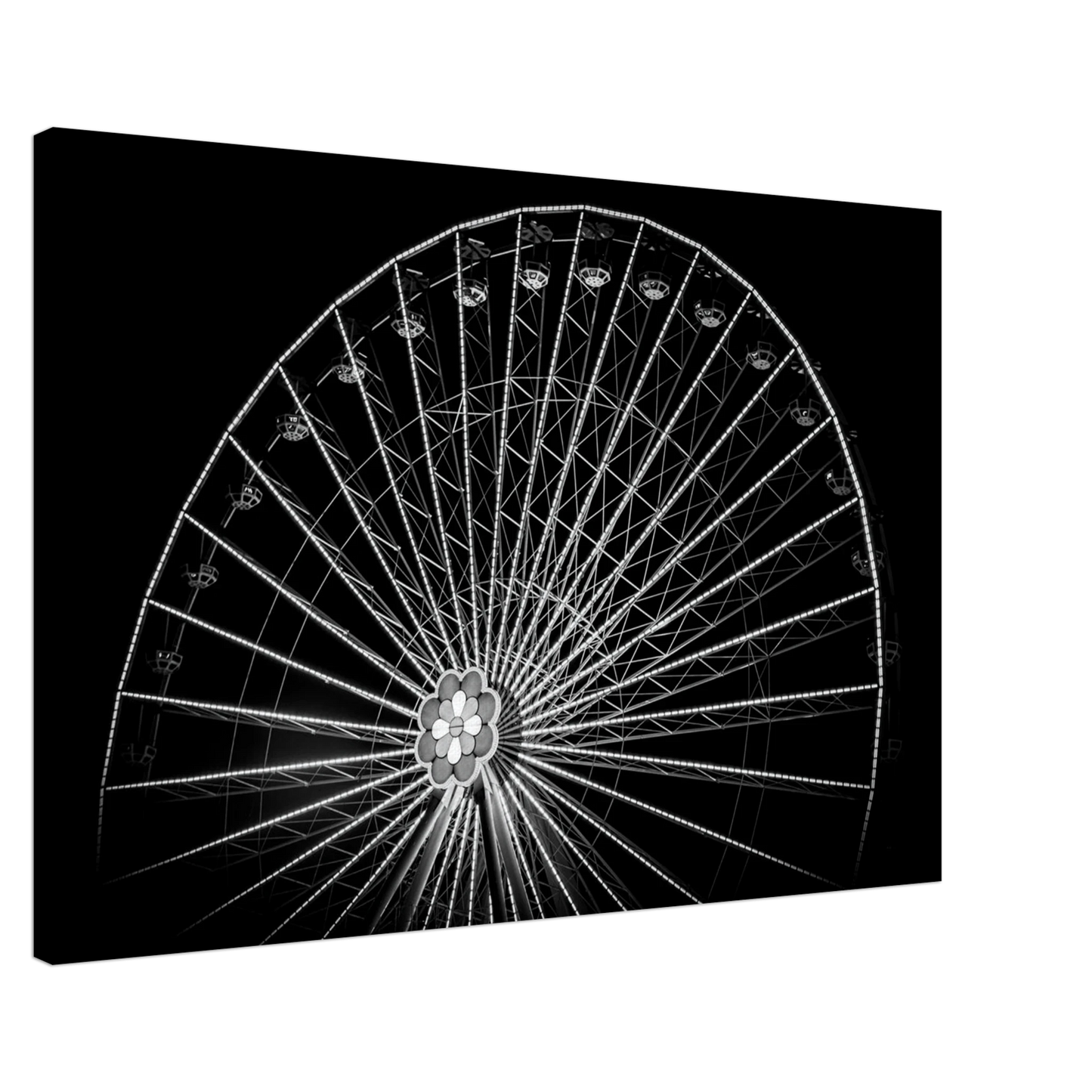Black and white night photo of the Vienna Prater Giant Ferris Wheel (Wiener Riesenrad) with illuminated spokes forming a circular pattern against the dark sky on Canvas Print wall art