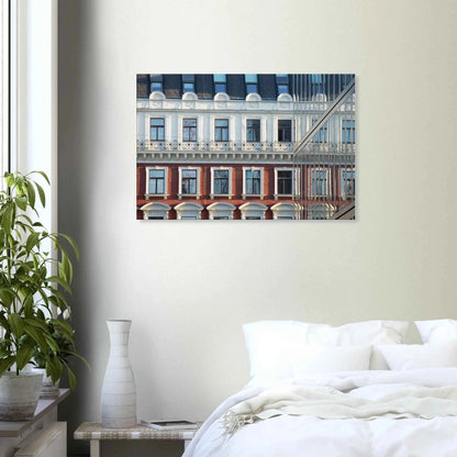 Canvas print wall art Historic European-style Modern Houseblock building facade with multiple windows and elegant architectural details on the wall in the Bedroom