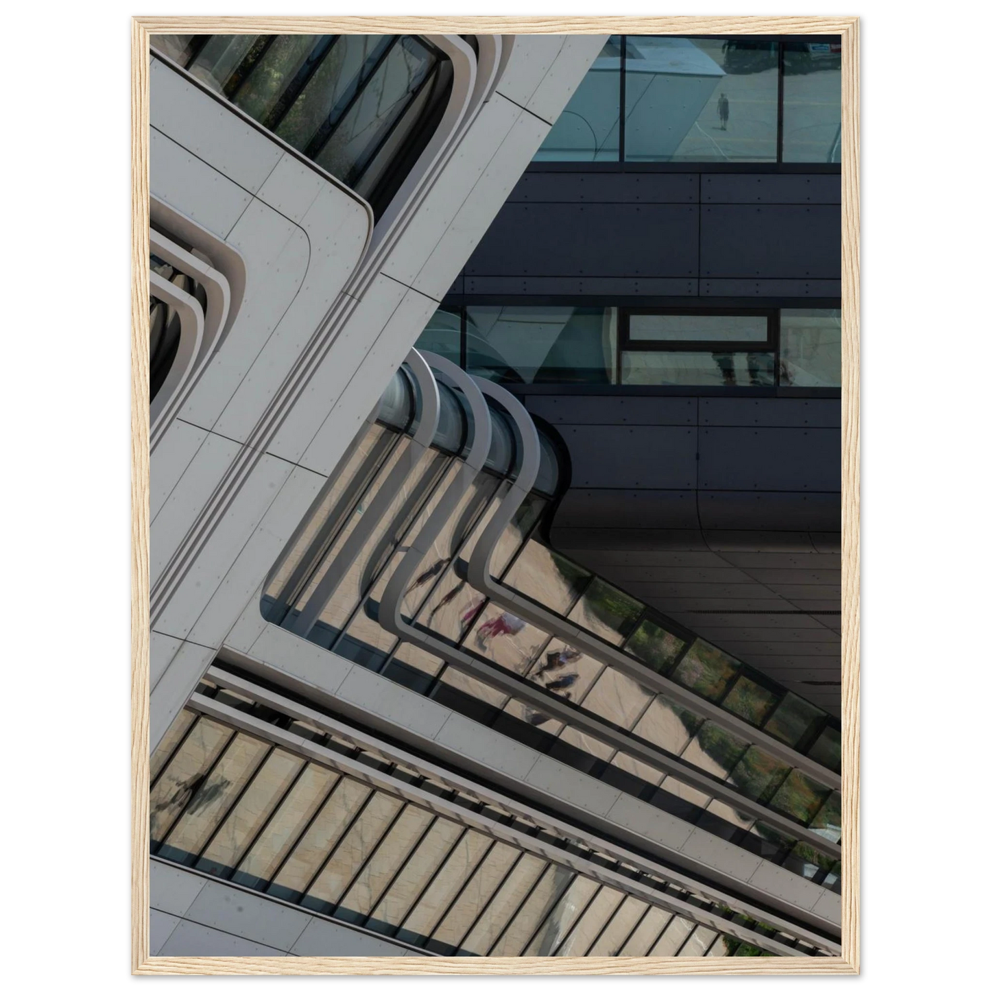 Exterior view of the Library of WU (Vienna University of Economics and Business) with modern angular glass and steel architecture on wooden framed wall art