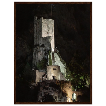 Wooden framed wall art of an ancient stone bastion decorated with green climbing plants against a dark background in Shadow Keep