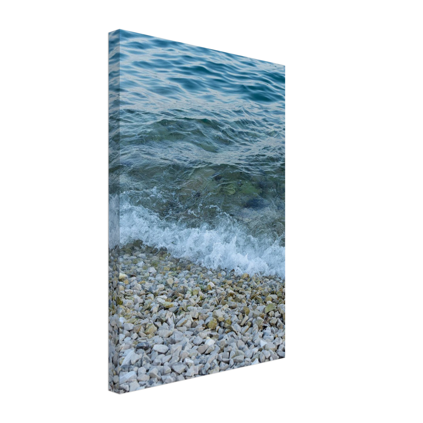 Aerial view ocean beach with wood frame canvas print, top down drone shot of blue sea foam and pebbles
