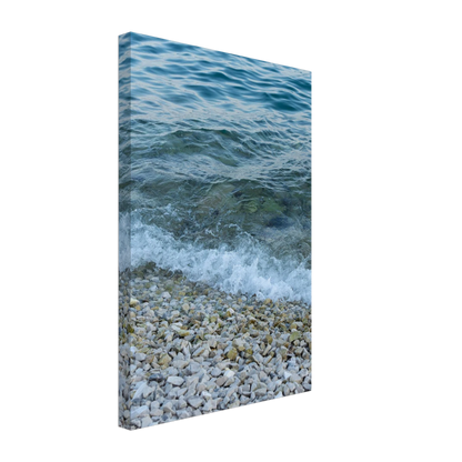 Aerial view ocean beach with wood frame canvas print, top down drone shot of blue sea foam and pebbles