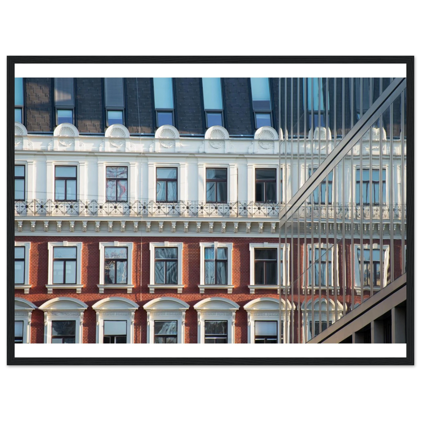 Wooden framed wall art Historic European-style Modern Houseblock building facade with multiple windows and elegant architectural details