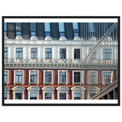 Wooden framed wall art Historic European-style Modern Houseblock building facade with multiple windows and elegant architectural details