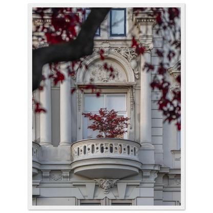 Red leaved tree in autumn colors in front of a historic stone building facade on wooden framed wall art