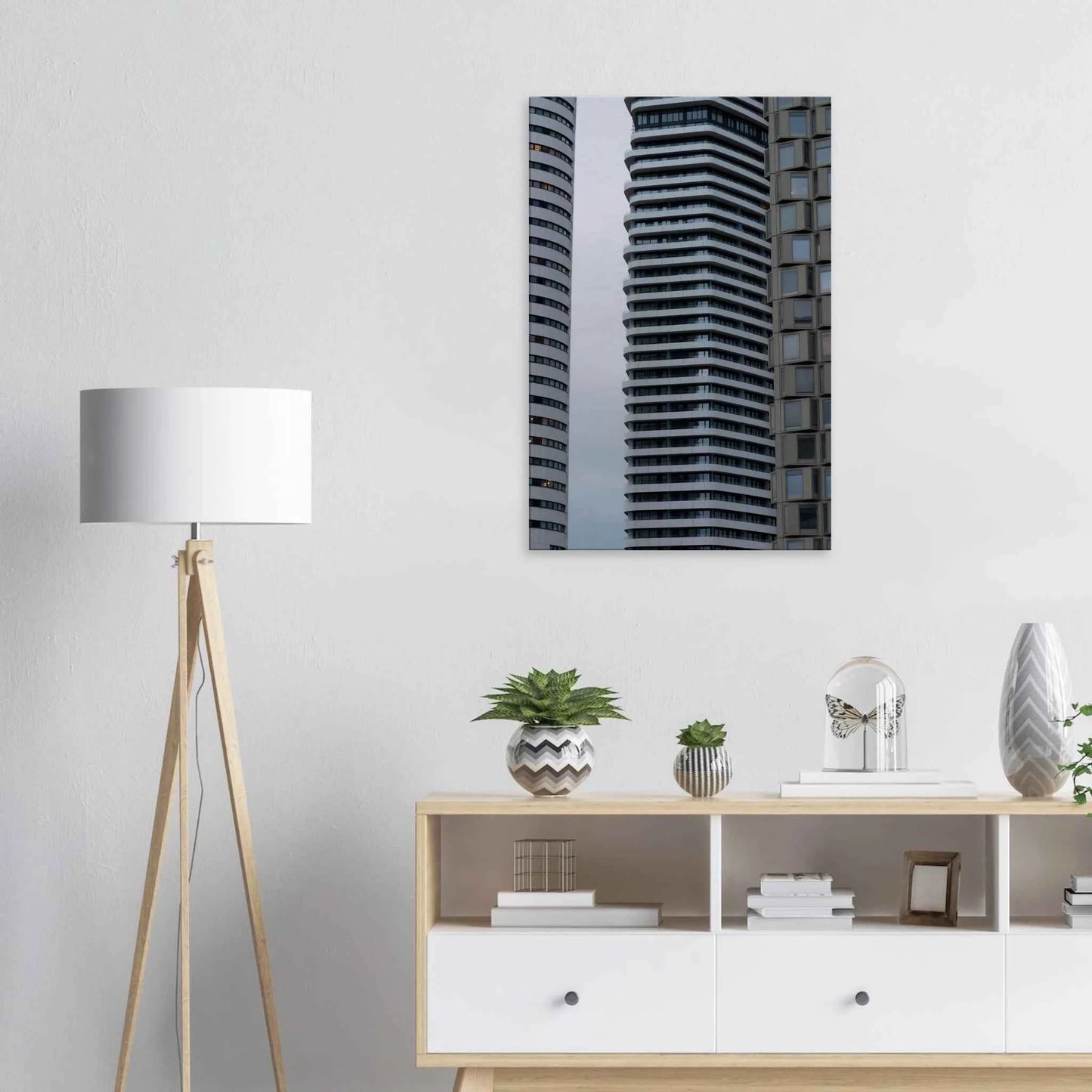 Modern high rise tower buildings with glass and steel facade reaching into the sky on Canvas Print wall art on the wall in the Livingroom