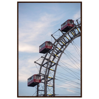Close up of the historic Vienna Prater Giant Ferris Wheel (Wiener Riesenrad) showing its iconic steel structure and vintage mechanical details on wooden framed wall art
