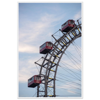 Close up of the historic Vienna Prater Giant Ferris Wheel (Wiener Riesenrad) showing its iconic steel structure and vintage mechanical details on wooden framed wall art