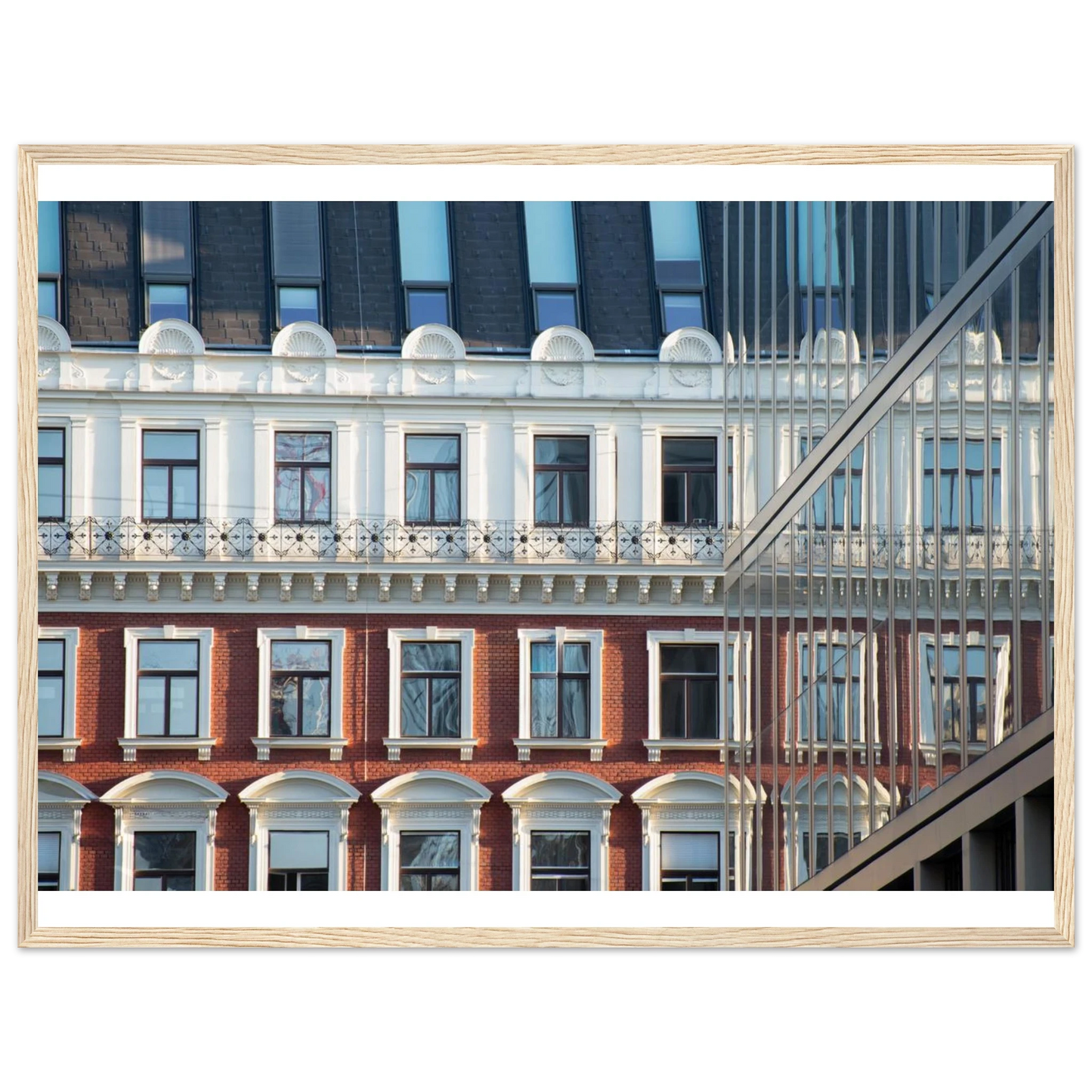 Wooden framed wall art Historic European-style Modern Houseblock building facade with multiple windows and elegant architectural details