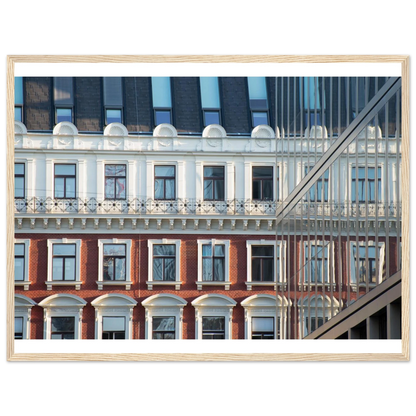 Wooden framed wall art Historic European-style Modern Houseblock building facade with multiple windows and elegant architectural details