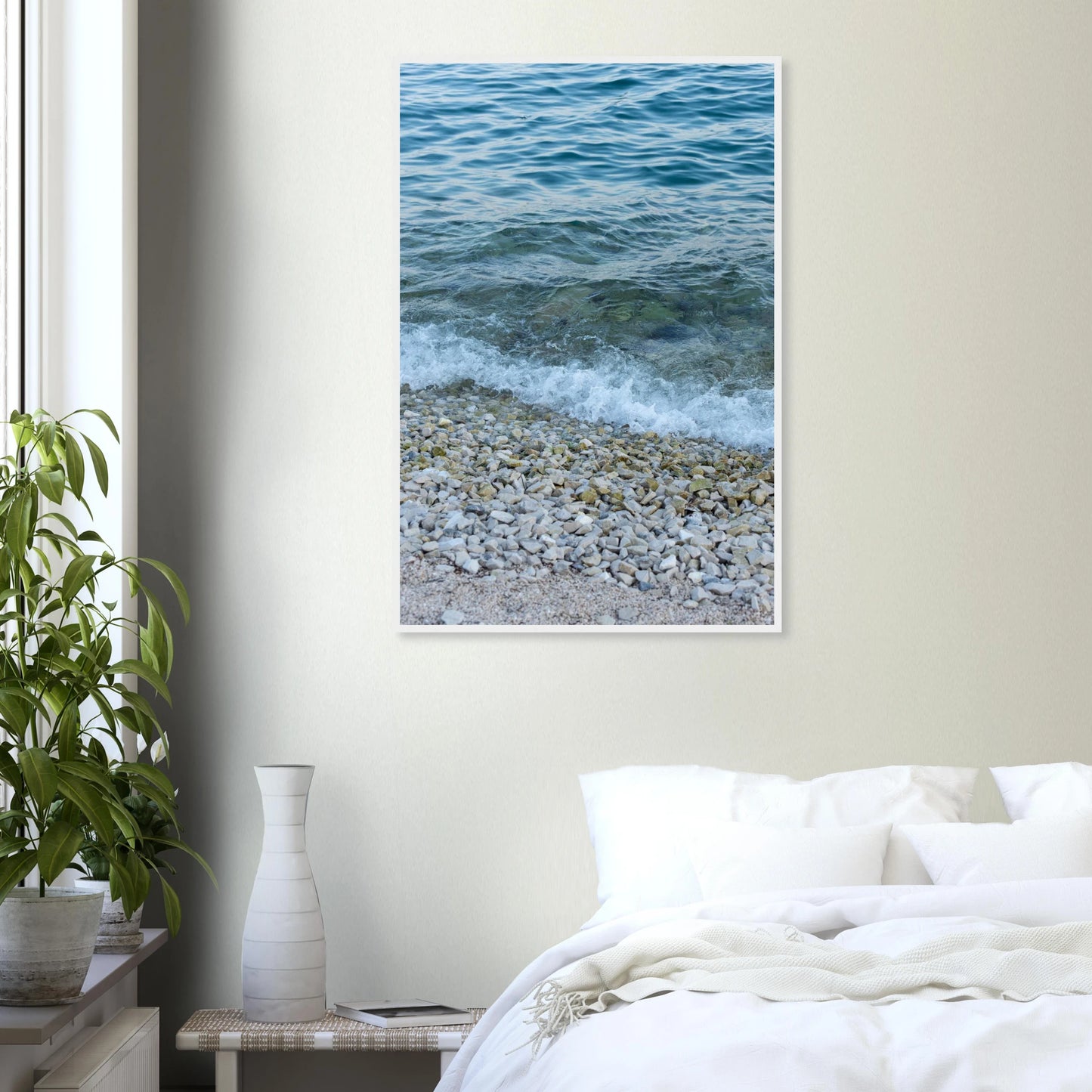 Aerial view ocean beach with wood frame, top down drone shot of blue sea foam and pebbles on the wall in the Bedroom