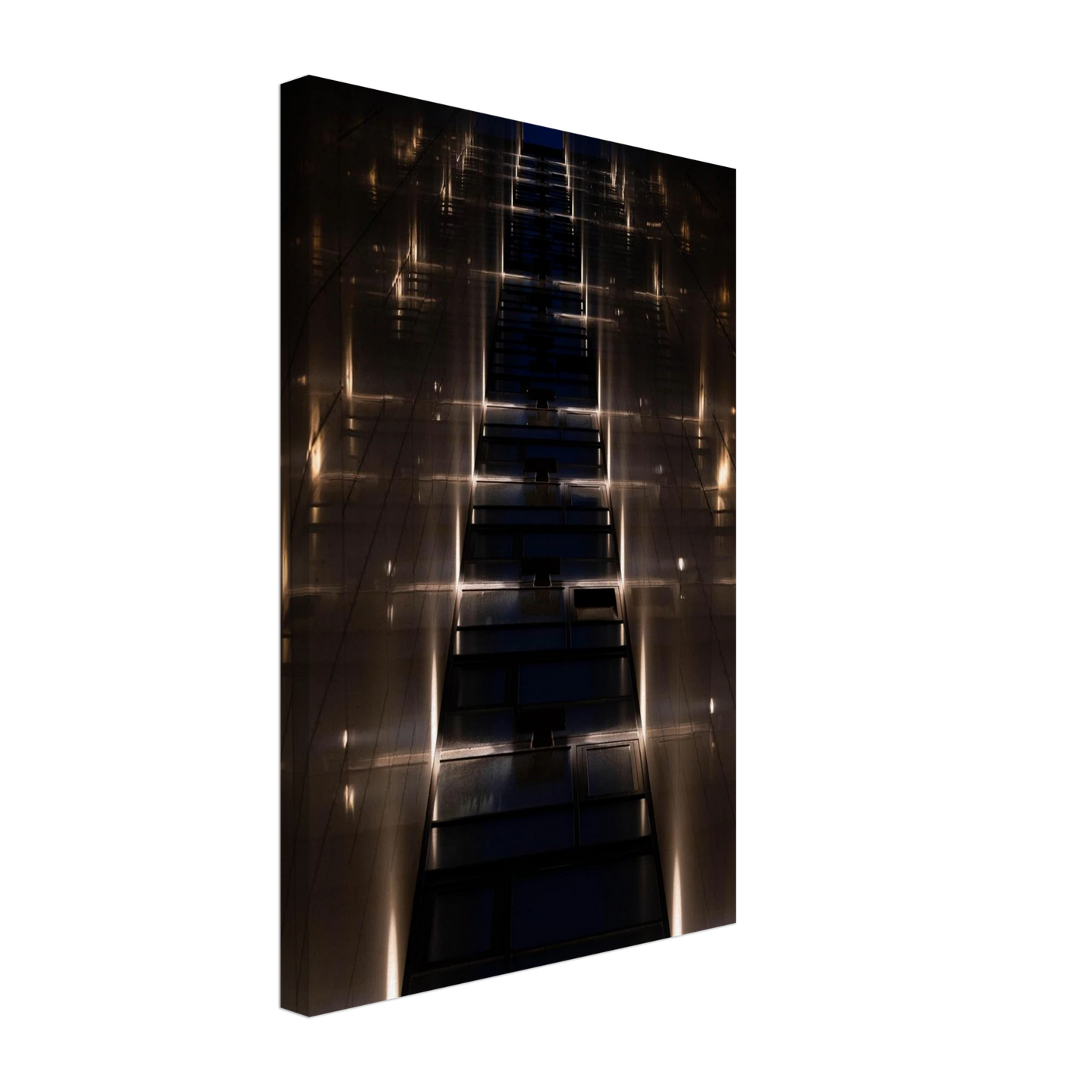 Low angle view looking up a narrow corridor-like passage between two skyscraper walls lined with rows of windows stretching toward the sky on Canvas print wall art