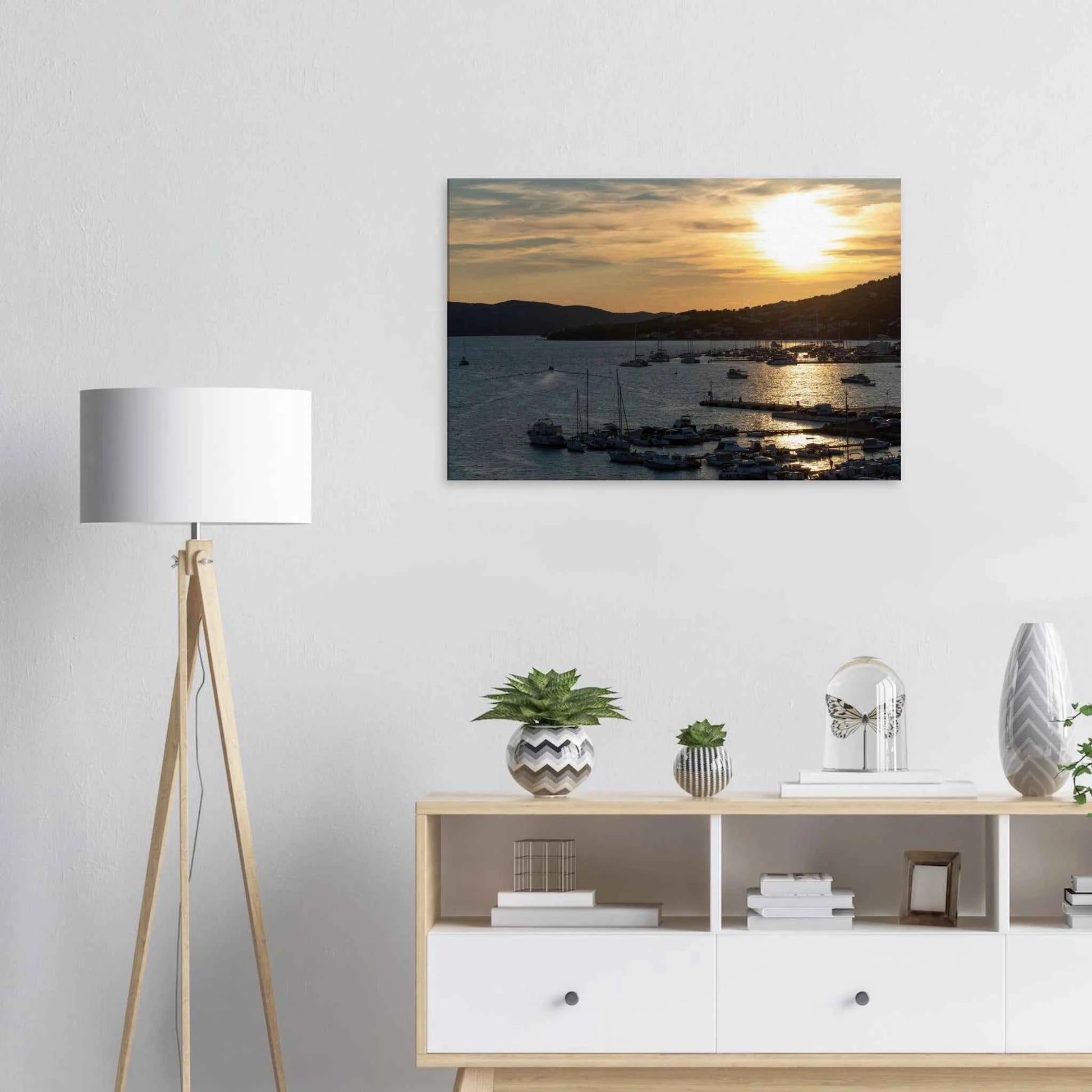 Canvas Print wall art of small boats anchored in a seaside port during Sunset at the harbor on the wall in the Livingroom