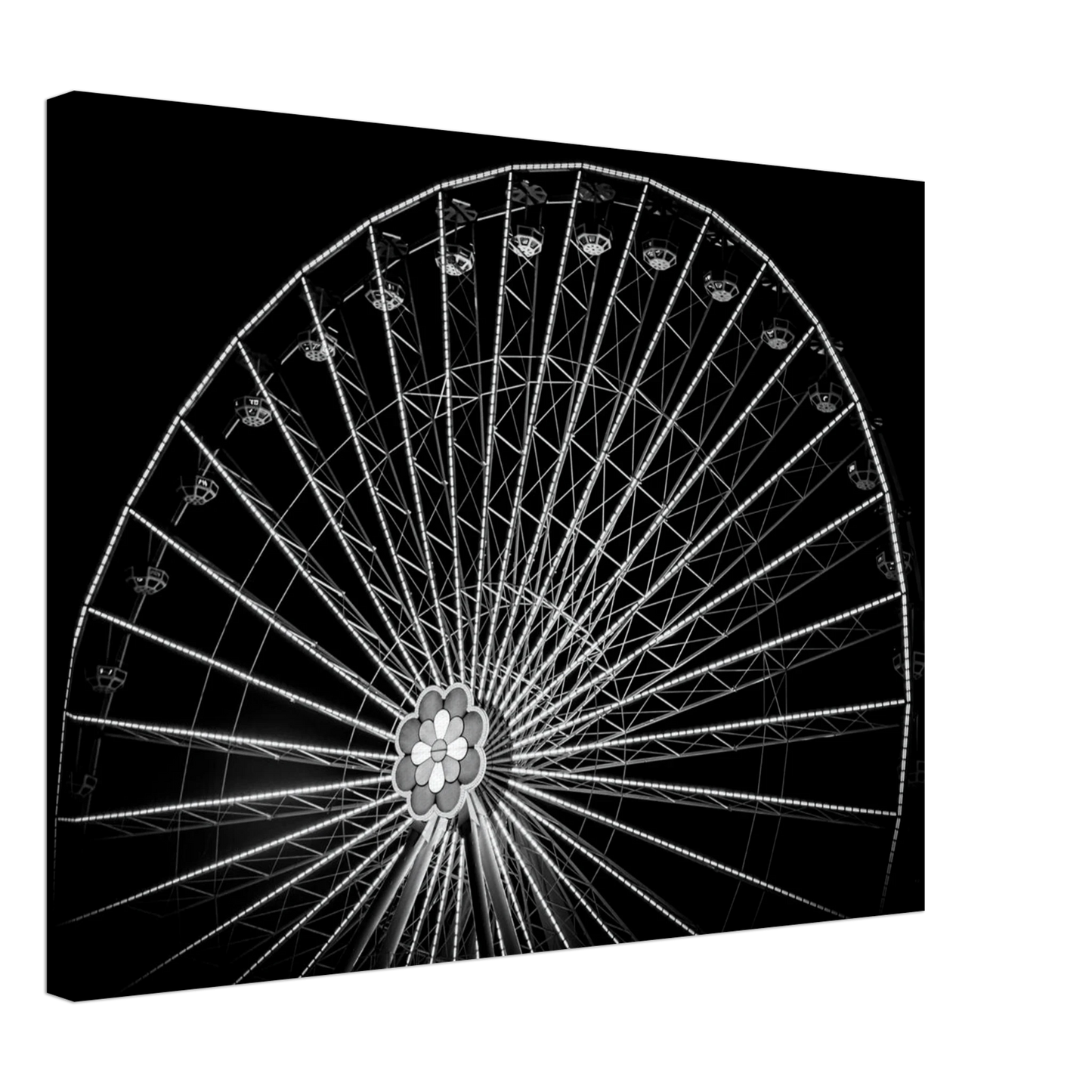 Black and white night photo of the Vienna Prater Giant Ferris Wheel (Wiener Riesenrad) with illuminated spokes forming a circular pattern against the dark sky on Canvas Print wall art