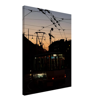 Canvas Print wall art featuring a tram the Nightline driving between houses under power lines during a golden sunset