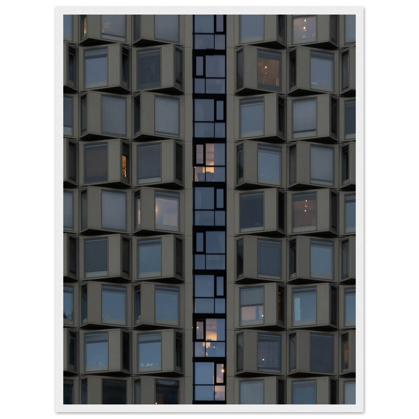 Close up view of a modern building facade with a grid of reflective glass windows on wooden frame wall art