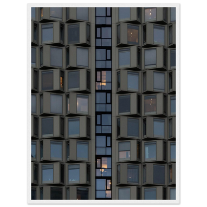 Close up view of a modern building facade with a grid of reflective glass windows on wooden frame wall art