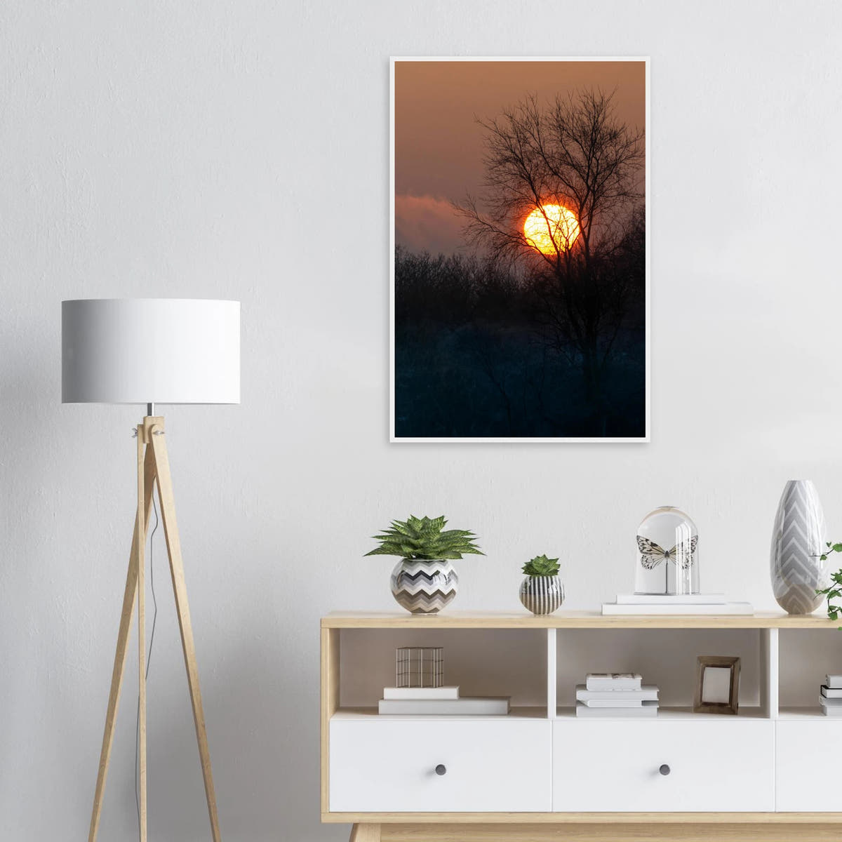 Yellow Crown – sunset behind trees nature photography photo print in a wooden frame