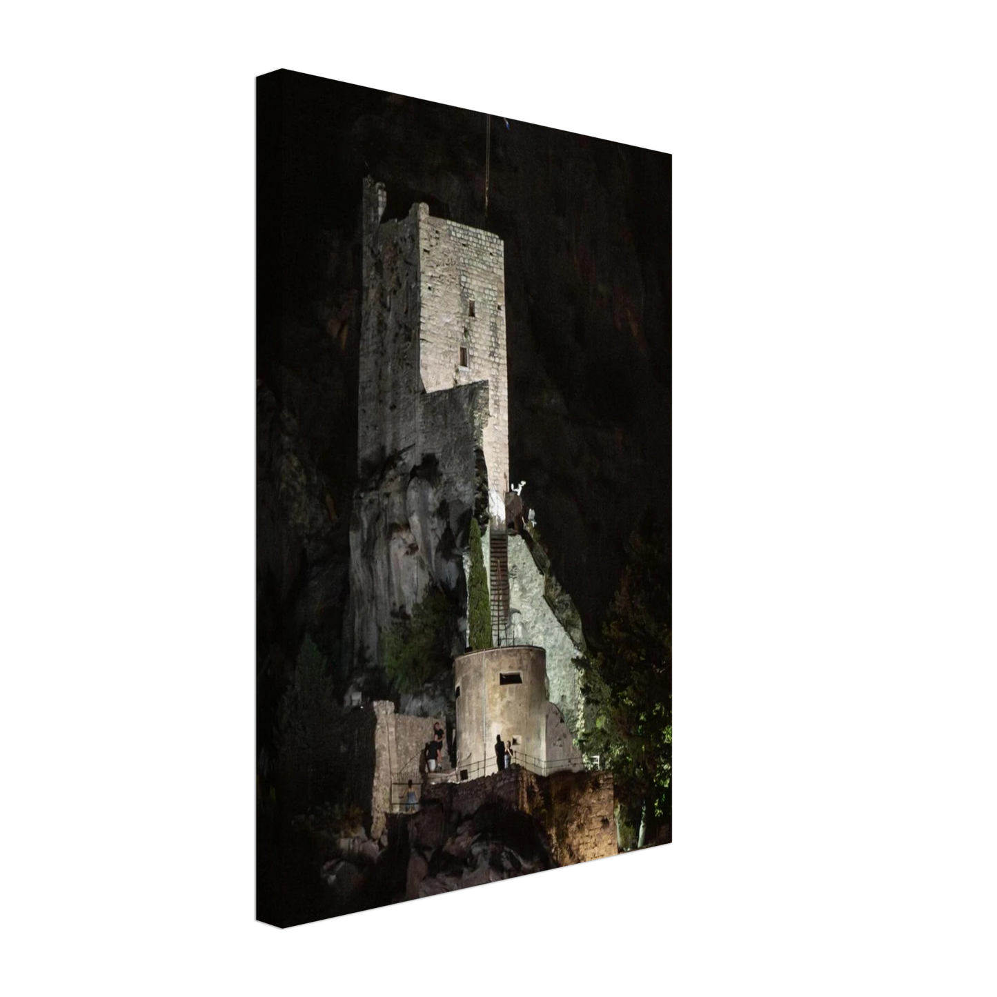 Canvas Print wall art of an ancient stone bastion decorated with green climbing plants against a dark background in Shadow Keep