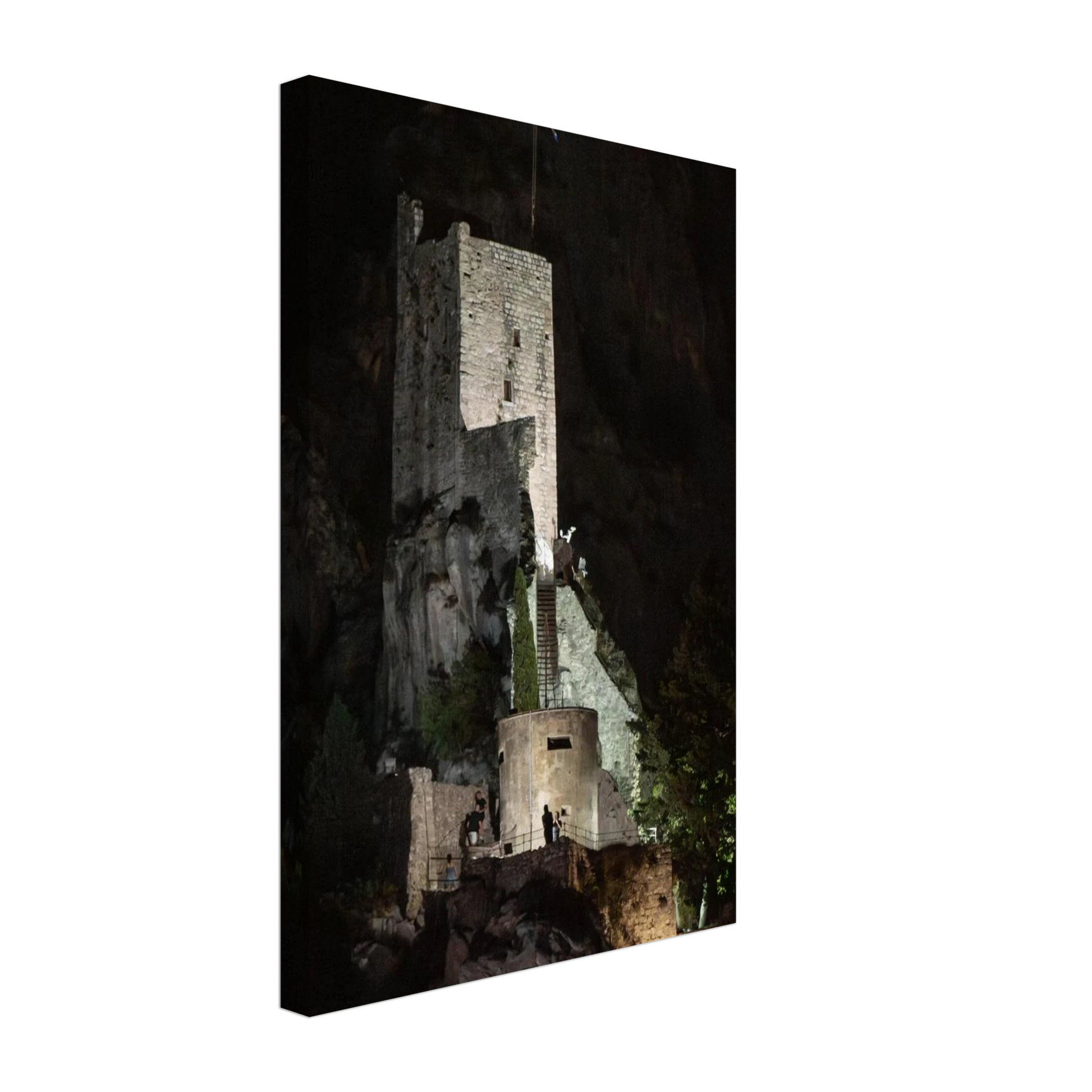 Canvas Print wall art of an ancient stone bastion decorated with green climbing plants against a dark background in Shadow Keep