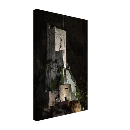 Canvas Print wall art of an ancient stone bastion decorated with green climbing plants against a dark background in Shadow Keep
