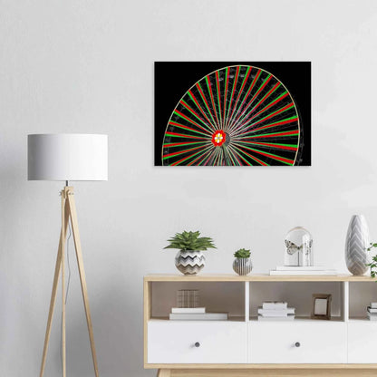 Night photo of the Vienna Prater Giant Ferris Wheel (Wiener Riesenrad) illuminated with warm golden lights against a dark sky on Canvas Print wall art on the wall in the Livingroom