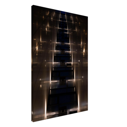 Low angle view looking up a narrow corridor-like passage between two skyscraper walls lined with rows of windows stretching toward the sky on Canvas print wall art