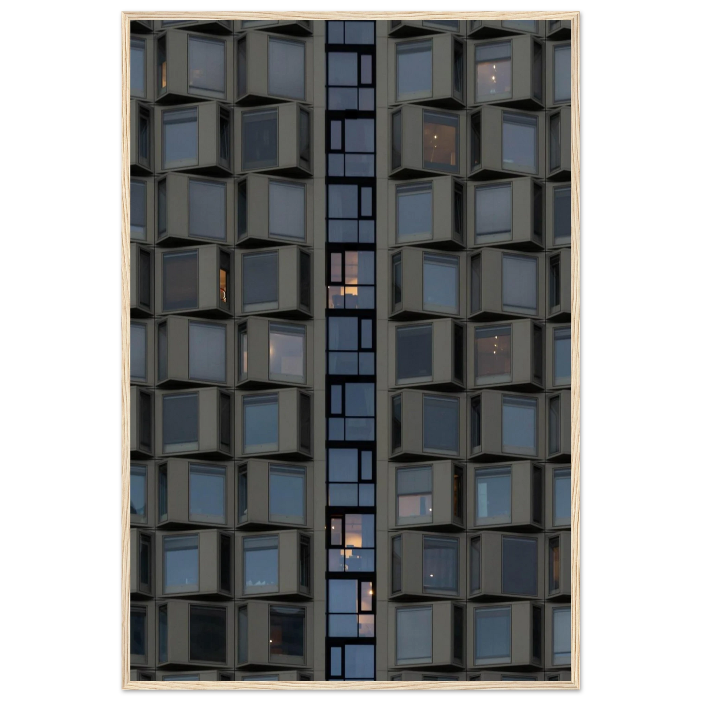 Close up view of a modern building facade with a grid of reflective glass windows on wooden frame wall art