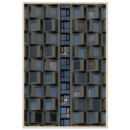 Close up view of a modern building facade with a grid of reflective glass windows on wooden frame wall art