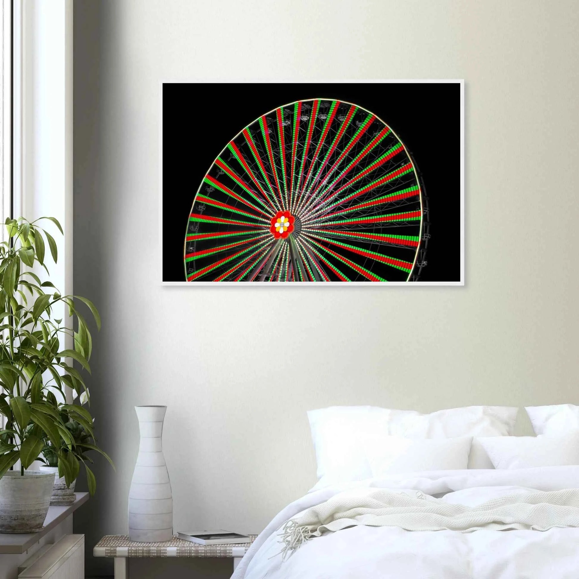 Night photo of the Vienna Prater Giant Ferris Wheel (Wiener Riesenrad) illuminated with warm golden lights against a dark sky on wooden framed wall art on the wall in the Bedroom