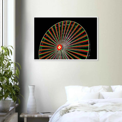 Night photo of the Vienna Prater Giant Ferris Wheel (Wiener Riesenrad) illuminated with warm golden lights against a dark sky on wooden framed wall art on the wall in the Bedroom