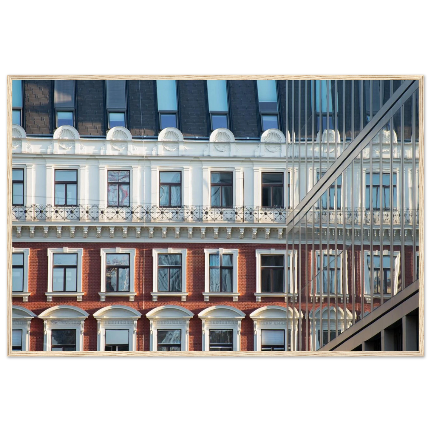 Wooden framed wall art Historic European-style Modern Houseblock building facade with multiple windows and elegant architectural details