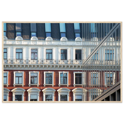 Wooden framed wall art Historic European-style Modern Houseblock building facade with multiple windows and elegant architectural details