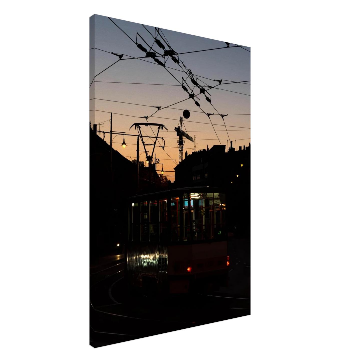 Canvas Print wall art featuring a tram the Nightline driving between houses under power lines during a golden sunset