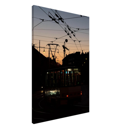 Canvas Print wall art featuring a tram the Nightline driving between houses under power lines during a golden sunset