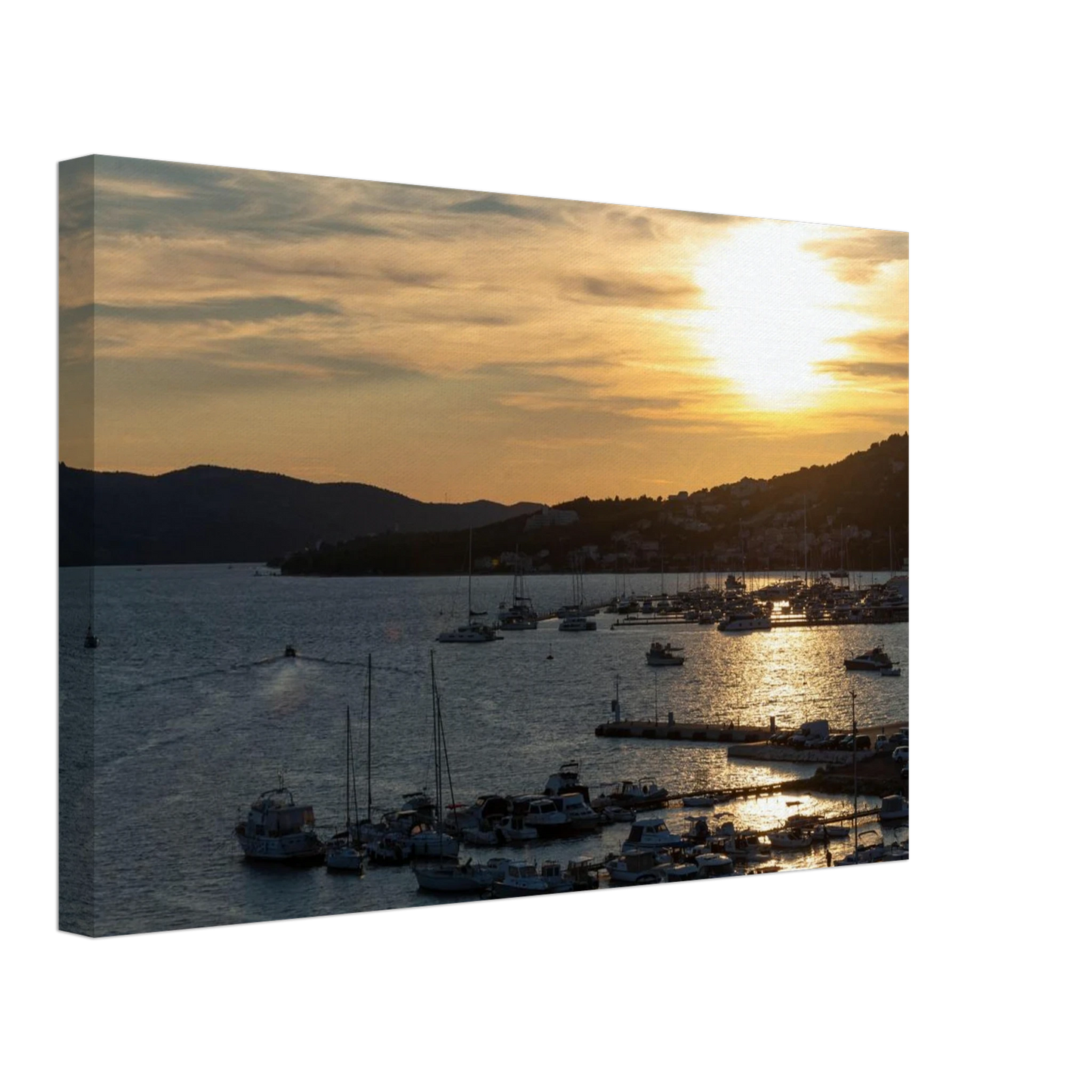 Canvas Print wall art of small boats anchored in a seaside port during Sunset at the harbor