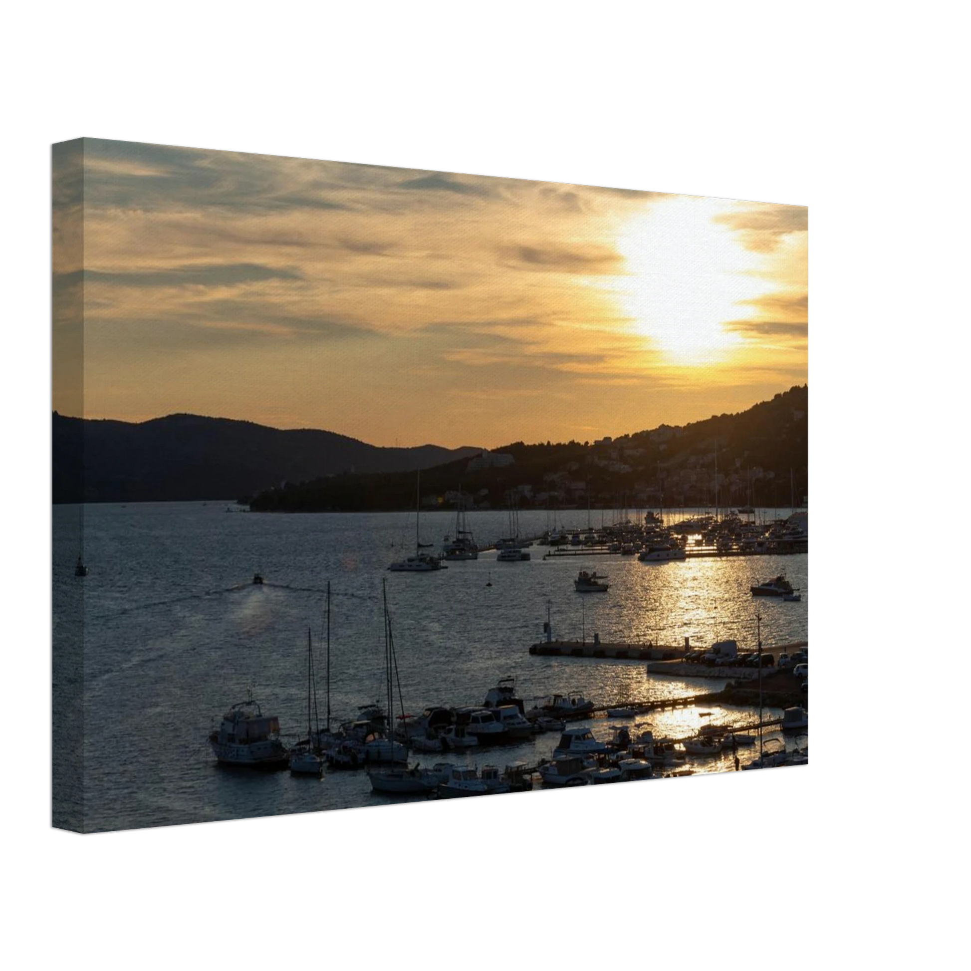 Canvas Print wall art of small boats anchored in a seaside port during Sunset at the harbor
