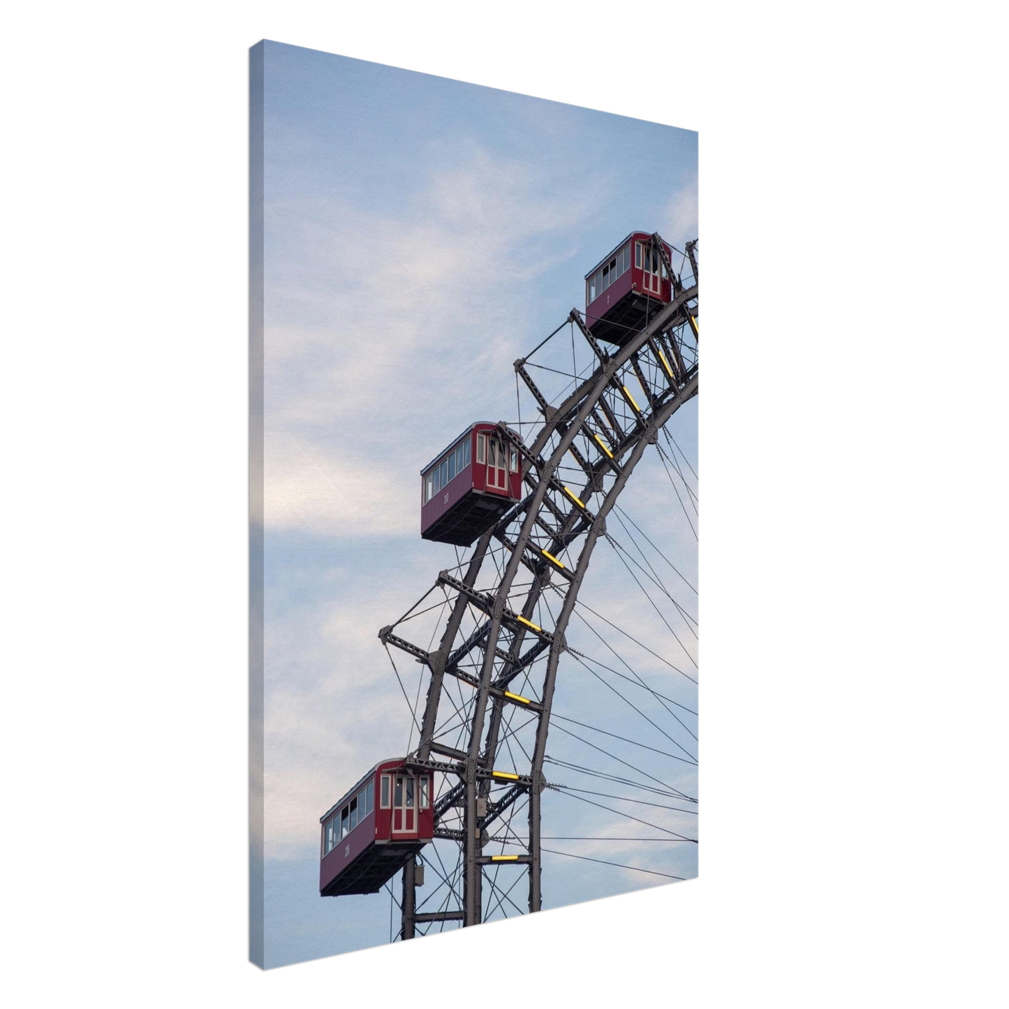 Close up of the historic Vienna Prater Giant Ferris Wheel (Wiener Riesenrad) showing its iconic steel structure and vintage mechanical details on Canvas print wall art