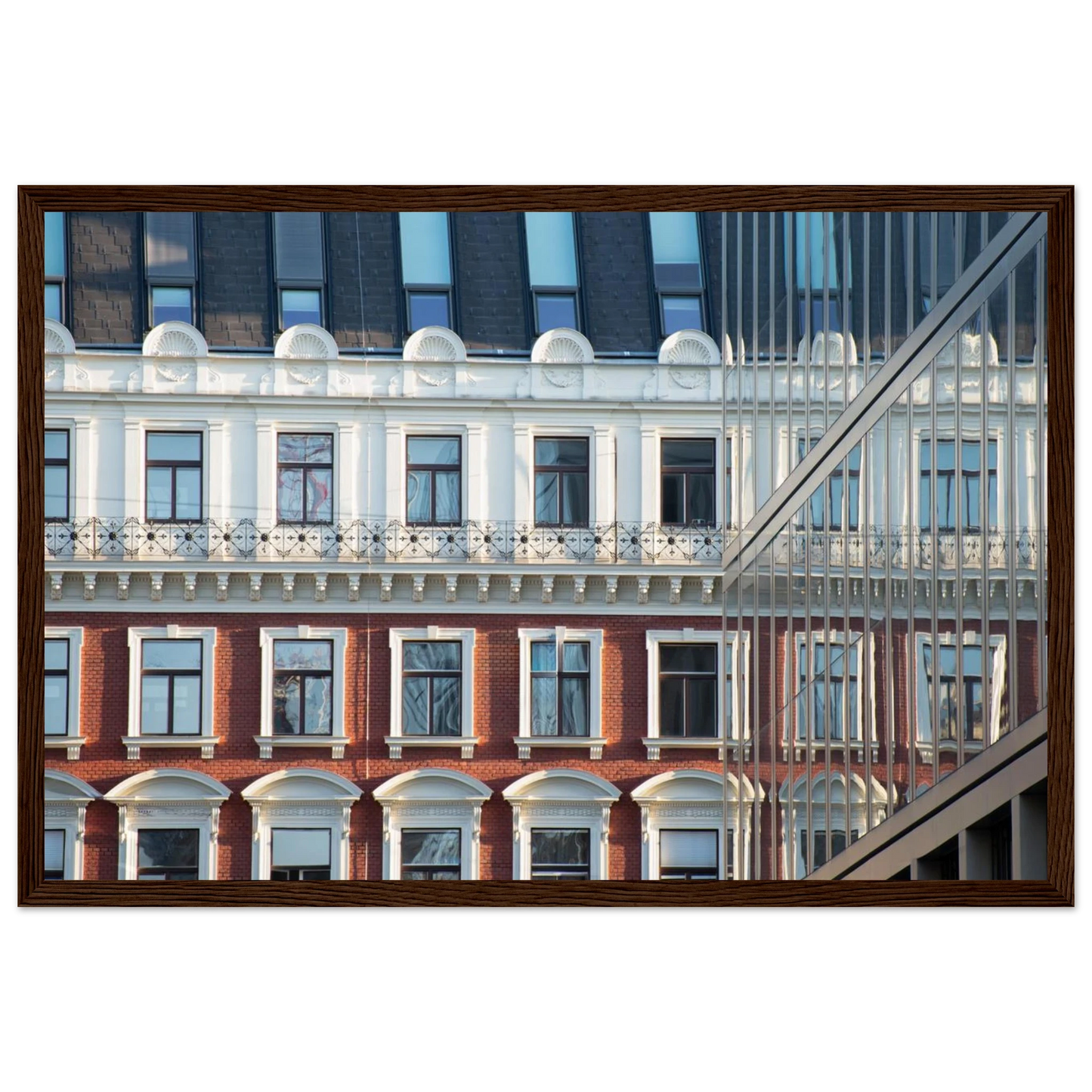 Wooden framed wall art Historic European-style Modern Houseblock building facade with multiple windows and elegant architectural details